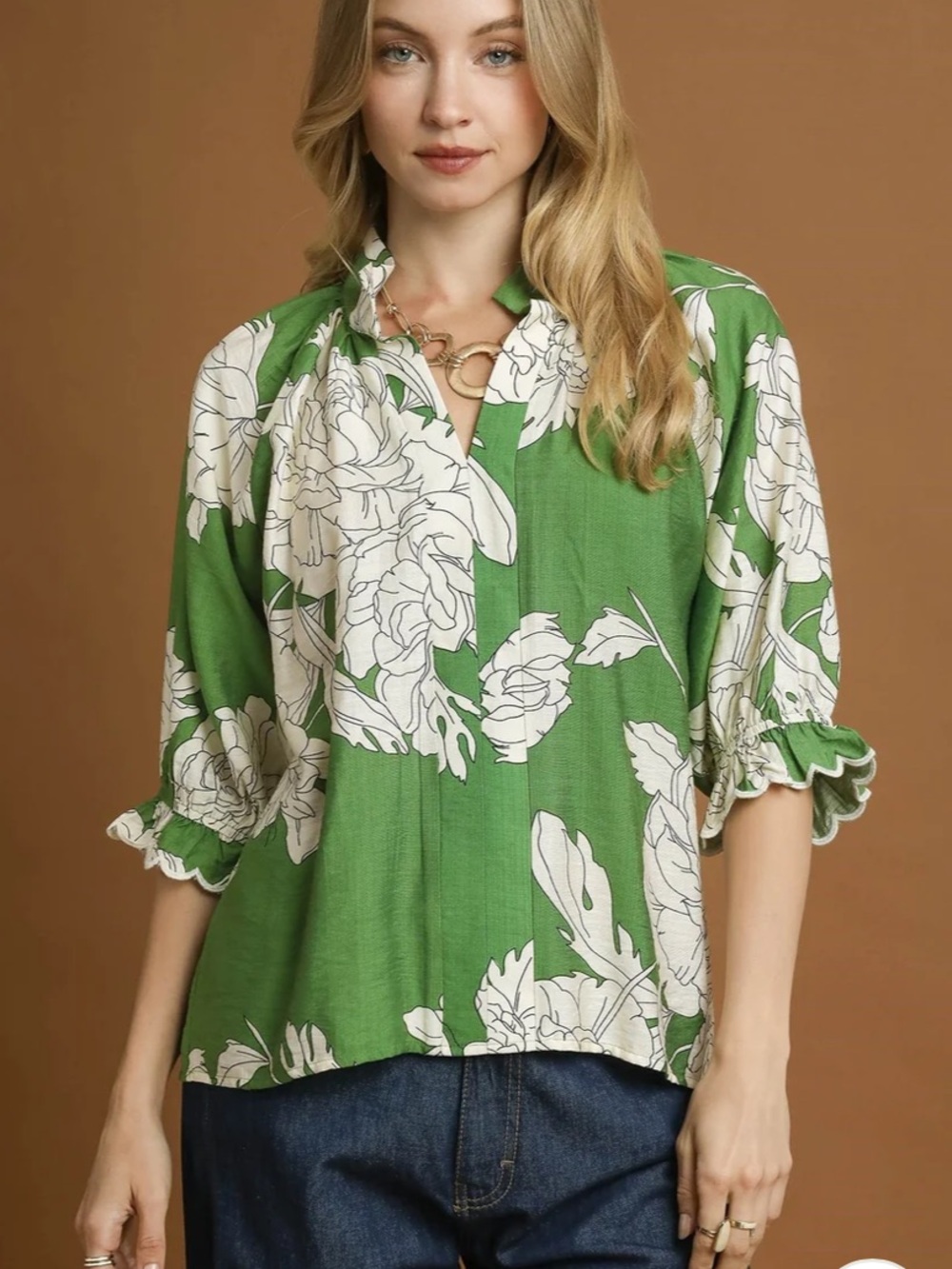 Umgee Floral Split Neck Blouse With Scallop Ruffle Puff Sleeves